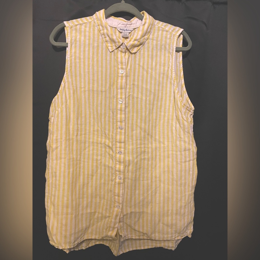 Tommy Bahama Women’s Linen Sleeveless Collared Shirt Yellow and White Stripes XL